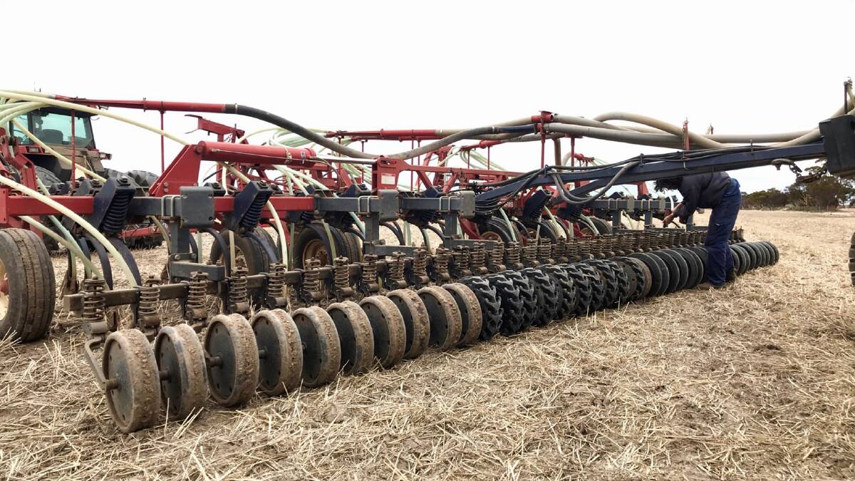  A seeding bar set up for the Corrigin Farm Improvement Group trial of furrow closing systems for heavy soils W shape, Emu Tracker, Wedge and V Shape press wheels were used on two down force pressures.