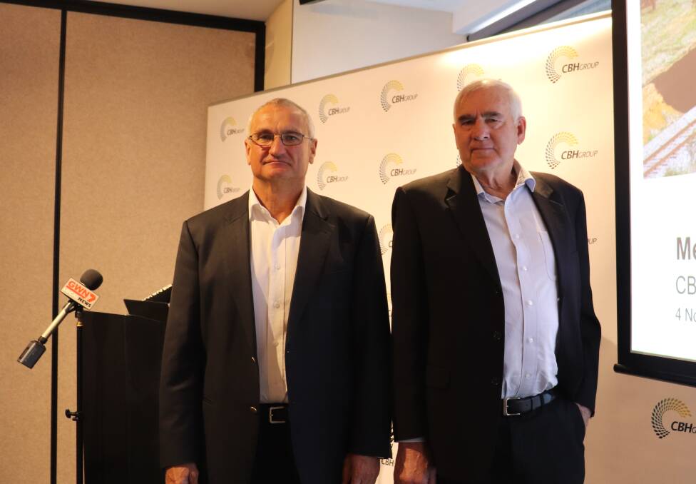 CBH Group chief executive officer Jimmy Wilson (left) and chairman Wally Newman announcing the first agreement achieved using the rail access code since the State's freight rail network was privatised in 2000.