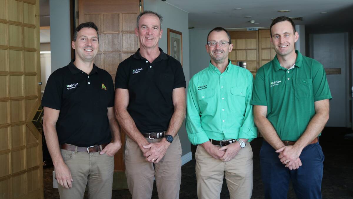 Senior management team members at Nutrien Ag Solutions agronomy conference at The Vines Resort included managing director Australia, Kelly Freeman (left), Melbourne, general manager merchandise Dave Rogers and region manager west, Andrew Duperouzel with conference organiser and farm services agronomist Tom Shaw.