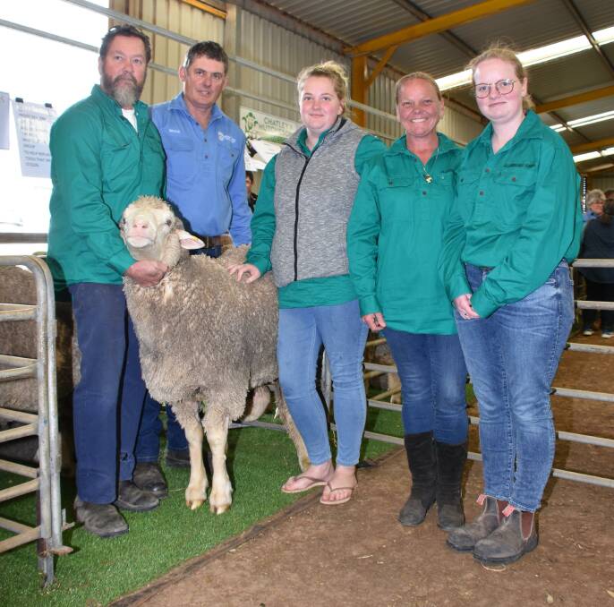 The Pengilly family, Penrose stud, Cascade, donated the proceeds of this ram which sold for $2100 to the Ietto family, Allannaluke Farms, Grass Patch, to the Royal Flying Doctor Service Esperance base. With the ram were buyer Paul Ietto (left), Penrose co-principal Bruce Pengilly and Allison, Tanya and Hannah Ietto. Along with buying this ram the Ietto family purchased another five Penrose rams to finish with six at an average of $1917 to make them the equal volume buyer in the Penrose offering.
