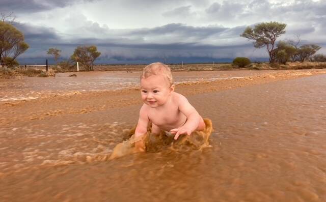 Eight-month-old George Harrington, enjoyed his first big rain downpour last week. At Pintharuka near Morawa, the Harringtons work the 5000 hectare property with family. The system last Wednesday delivered 40 to 85 millimetres of rainfall across the property, prompting Lucas Harrington to gather his family and go for a drive. He said his son loved his first big rainfall and he was joined by sisters Tess, 5 and Pippa 4. With a farming background, Mr Harrington has been in the area since he was 13, with his family farming at Latham. Previously working in the mining sector, he returned to work for his in-laws last December. The program mainly focuses on wheat, however lupins and barley are seeded as required. Weve definitely had our yearly rain in spots now, Mr Harrington said. I reckon we might start scratching some lupins in in about two weeks. Come Anzac Day we will start regardless.