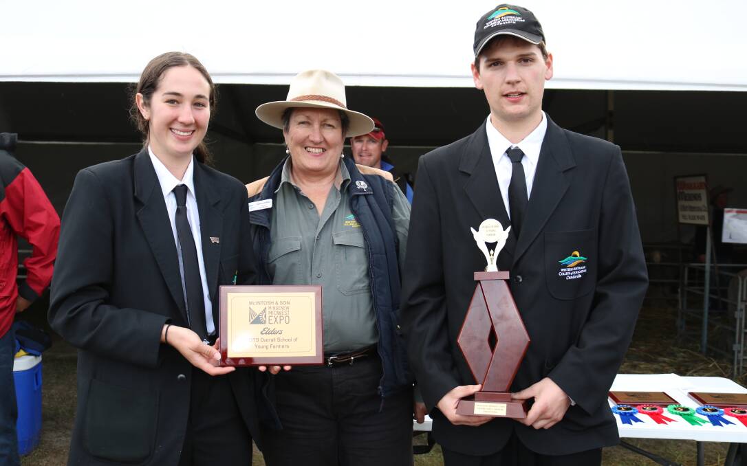WA College of Agriculture Cunderdin was named best school in the Young Farmer challenge and collecting the awards on its behalf were students Oaklee Teasure and Cameron Fernihough with assistant farm manager Leanne Grant-Williams.