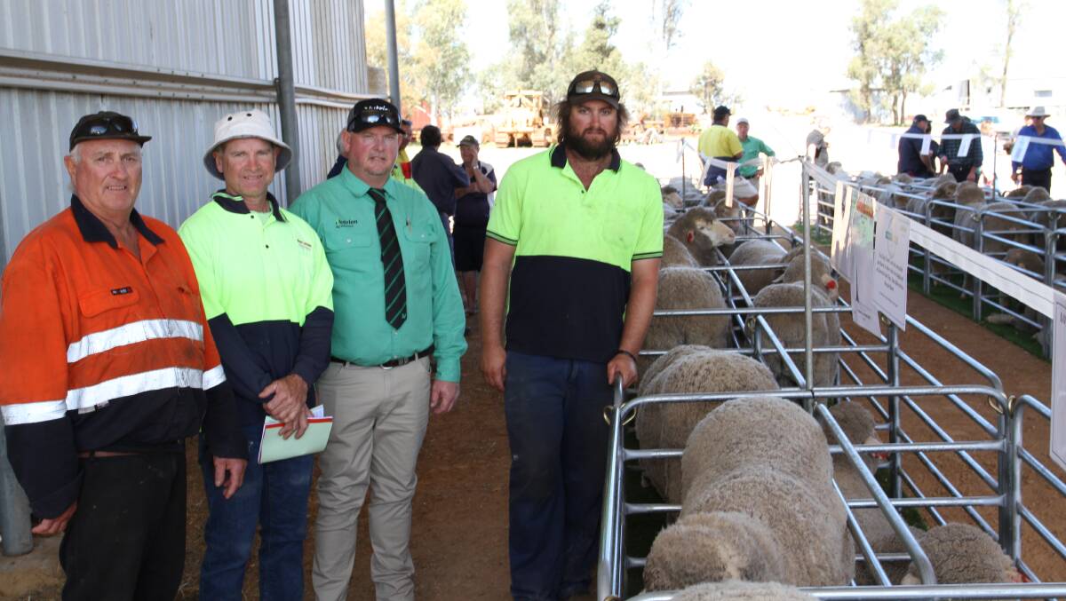Murray King (left), White Springs stud, Calingiri, buyer John Stickland, C & DJ Stickland & Sons and Mungatta Murray Grey stud, Wongan Hills, Nutrien Livestock, Wongan Hills branch manager Aaron Derbyshire and Ashley King, White Springs stud. The Sticklands purchased seven rams at the sale paying to a $1900 top price.