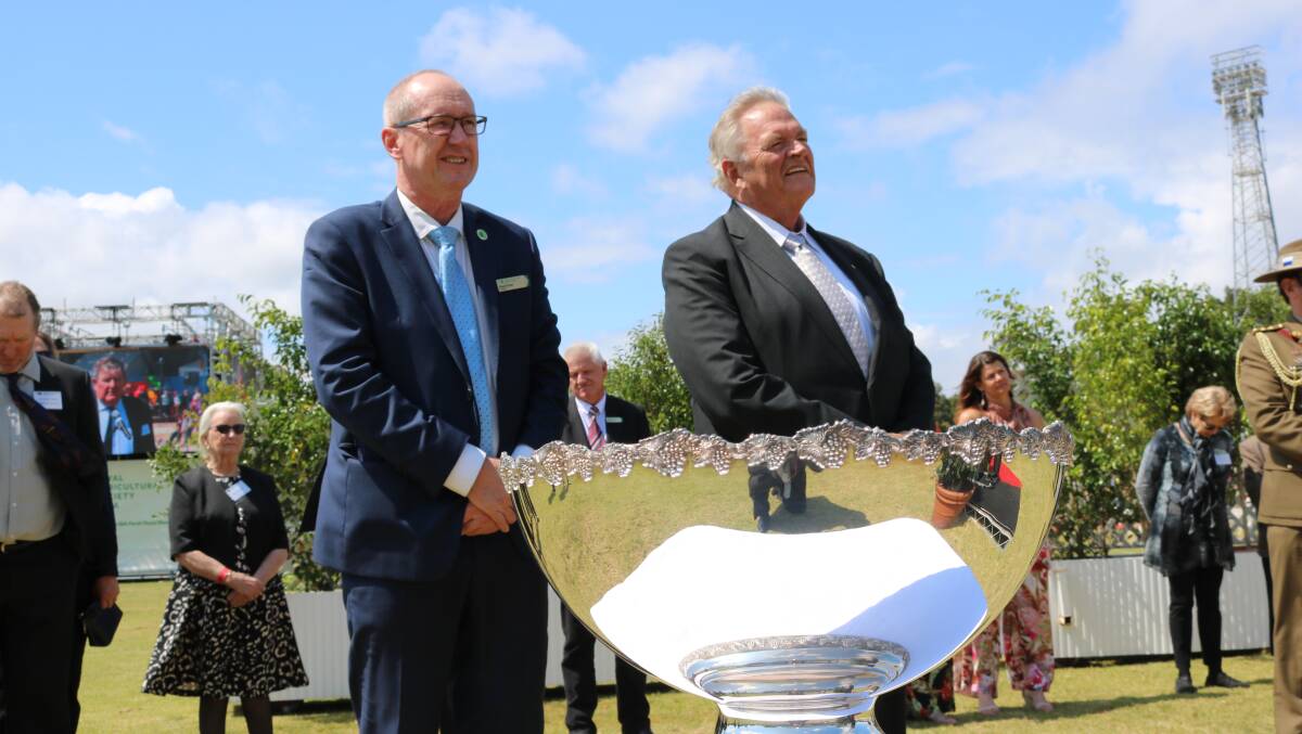 Royal Agricultural Society president Paul Carter (left) and WA Governor Kim Beazley at the presentation of the Governor's Cup on the last day of the 2019 Perth Royal Show.