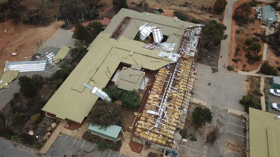  An aerial image after much of the roof structure was destroyed at the Merredin DPIRD office on Good Friday, 2018.