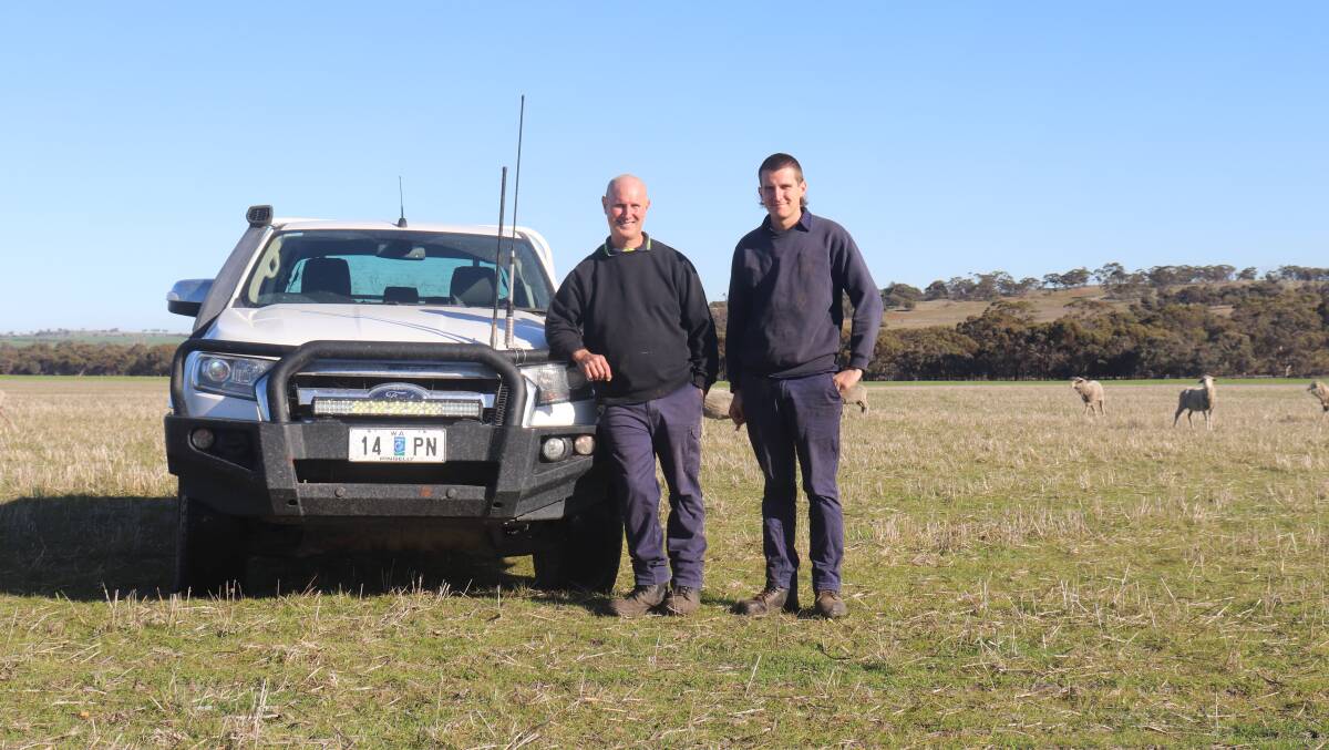 Tim (left) and Kurtis Wiles share the workload with Tims wife Tammy and father Kevin running the familys 2260 hectare property between Pingelly and Wickepin.