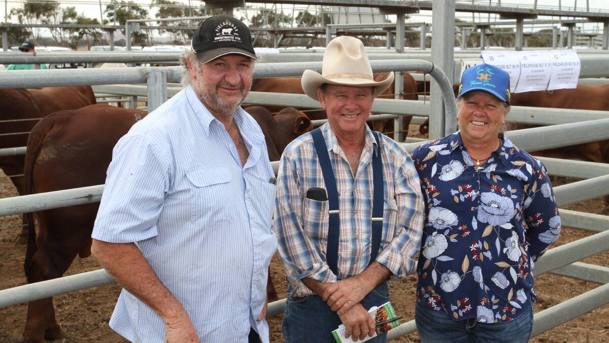 Fieldhouse stud co-principal Ken Mutton (left), Wickepin, with buyers Keith and Karen Anderson, Jubilee Downs Pastoral Company, Dandaragan, who purchased two Fieldhouse bulls including the sale's $11,000 second top price.
