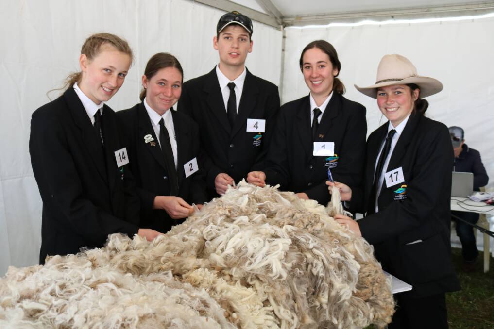WA College of Agriculture Cunderdin students at the wool judging table were Marion Lewis (left), Corrigin, Ashlee Topham, Moora, Cameron Fernihough, Northam, Oaklee Treasure, Cunderdin, and Tameka Baker, Toodyay.