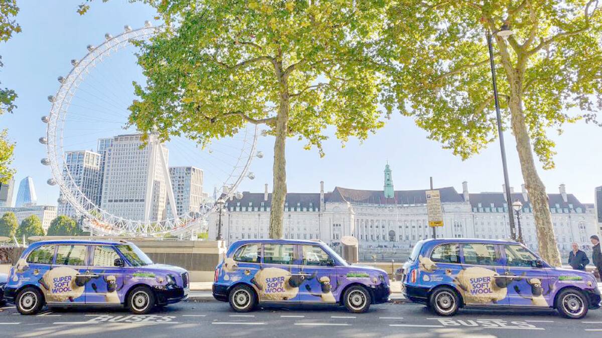 Australian Wool Innovation's Shaun the Sheep-themed marketing campaign featured on 19 Woolmark-branded London electric taxis. Photo by AWI.