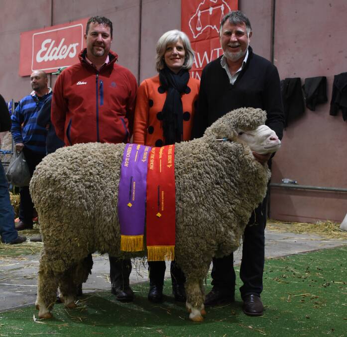 The Mullan family's Quailerup West stud, Wickepin, exhibited the reserve grand champion fine/medium wool ram of the show. With the ram, which was also sashed the reserve champion fine/medium wool Poll Merino ram and reserve champion August shorn fine/medium Poll Merino ram, were Elders stud stock representative and Quailerup West classer Nathan King (left) and Quailerup West co-principals Lee-Ann and Rob Mullan.