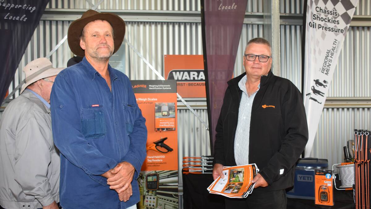 Erik Oldham (left), Cheynes Beach, discussed the Gallagher product range with Gallagher southern WA territory manager, Murray Green.