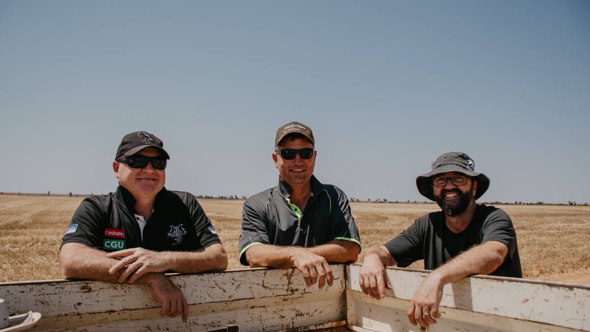 Damian OMalley (left), Rob Campbell and Rob Grima reflect on the big harvest program last Sunday. Photo by Amy Schultz Photography.