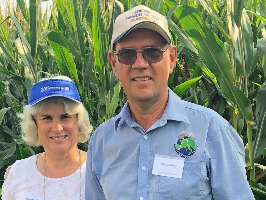  Well-known grain growers Monique and Bill Crabtree have sold their Morawa farm to a family of Pindar. Fondly known as 'No-Till Bill', Mr Crabtree is planning to venture to Africa to share his knowledge on no-till farming. The couple is pictured in front of a 15 tonne per hectare corn crop at Ohio, the United States on a 2018 study tour, which Mr Crabtree said is the yield African farmers should achieve with no-till farming. Photo supplied.