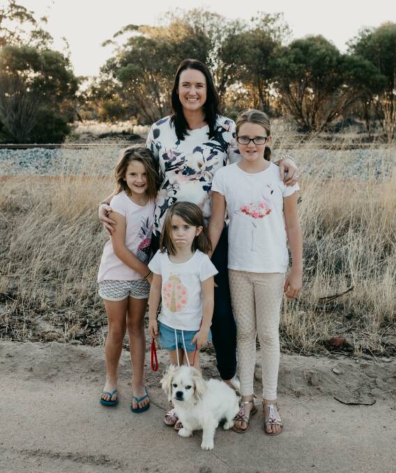 Nadine McMorran, with daughters Kailee, Tenielle and Ciara and dog Max are looking forward to her second year as chairwoman of the Dowerin GWN7 Machinery Field Days. Photos supplied by Swift Hound Productions.