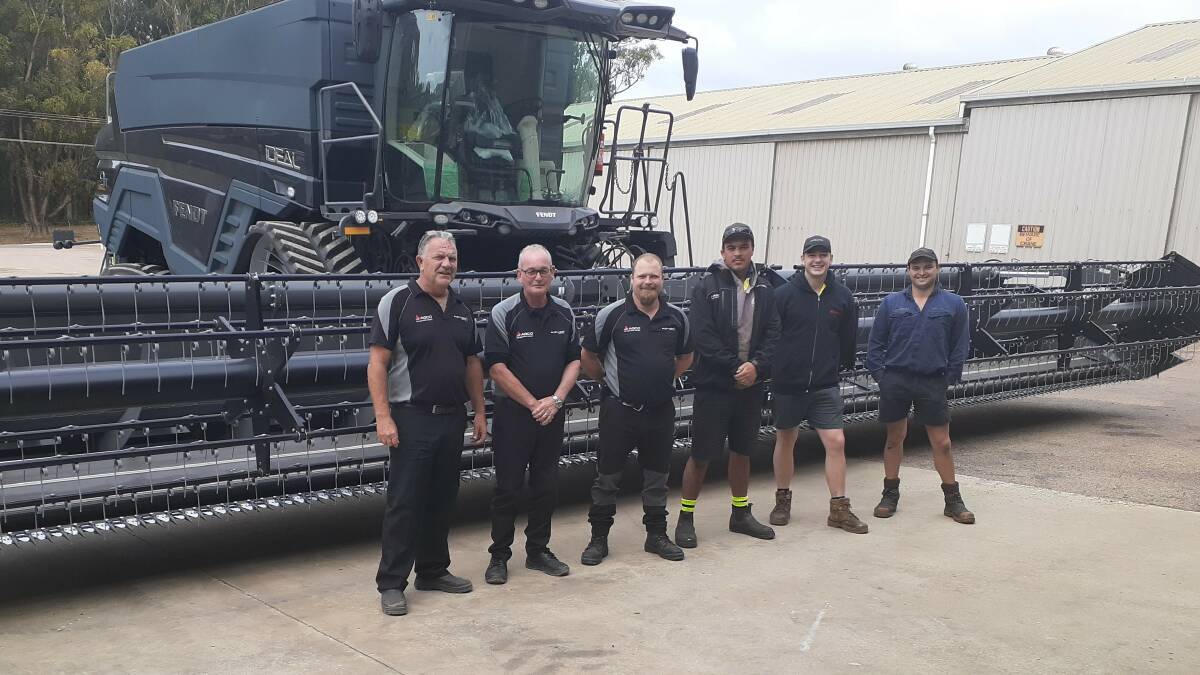 Doing the final checks before the start of the Fendt IDEAL demonstration at Esperance recently were, AgWest Machinery Esperance branch manager Athol Kennedy (left), sales representative David Dixon, parts manager Mark Welk and service technicians Zac Major, Billy Fogarty and John Tait.