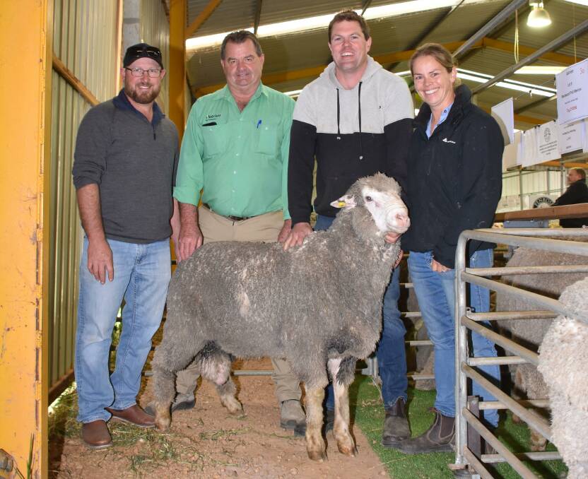 The top price in the Westwood Poll Merino stud, Cascade, offering was $4200, with the ram were Westwood stud principal Scott Welke (left), Nutrien Livestock, Esperance agent Barry Hutcheson and buyers Leigh and Karina West, Karleigh Farms, Gibson.