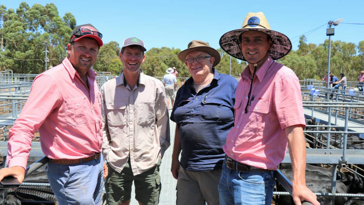 Elders, Busselton representative Jacques Martinson (left), Bryn and Geoff Jenkins, Treeton and Elders South West livestock manager Michael Carroll on the rails before the sale. The Jenkins sold Angus-Friesian heifers to $2220.