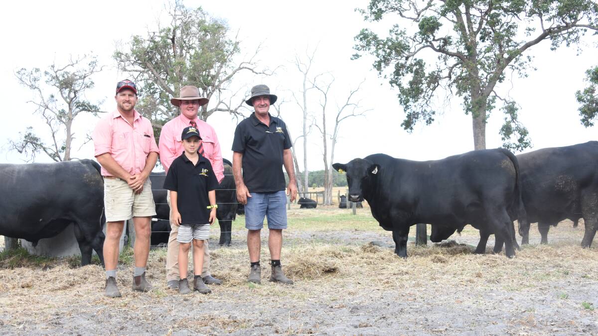 With the $30,000 second top-priced bull, Little Meadows Spalding S53, purchased by the Trafalgar Angus stud, Carbunup, at the Little Meadows Angus on-property bull sale were Elders, Busselton representative Jacques Martinson (left), who purchased the bull for Trafalgar, Elders auctioneer and Donnybrook representative Pearce Watling and Little Meadows co-principal Tony Golding with grandson Finn Edwards.