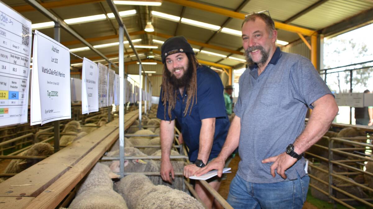 William (left) and Wayne White, Dinninup, made the trip across to the sale and purchased eight rams from the Wattle Dale team at an average of $1175 and to a top of $1600 twice.