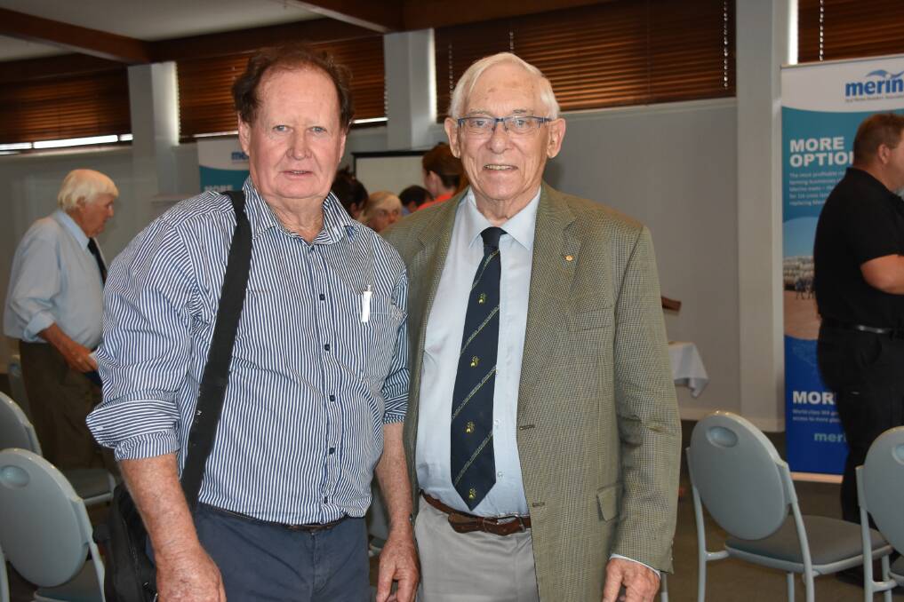 Ray Lewis (left), Lewisdale stud, Wickepin, with Stud Merino Breeders' Association of WA life member Glen Keamy.