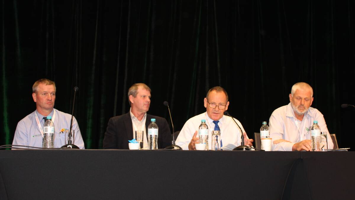  Grain Producers Australia (GPA) chairman Andrew Weidemann (left), Crop Protection Australia director Dr Rohan Rainbow, CropLife Australia president and Australasia territory head for chemical producer Syngenta Australasia Paul Luxton and Grains Research and Development Corporation (GRDC) chemical regulation manager Gordon Cumming as a panel leading discussion on chemicals in agriculture.