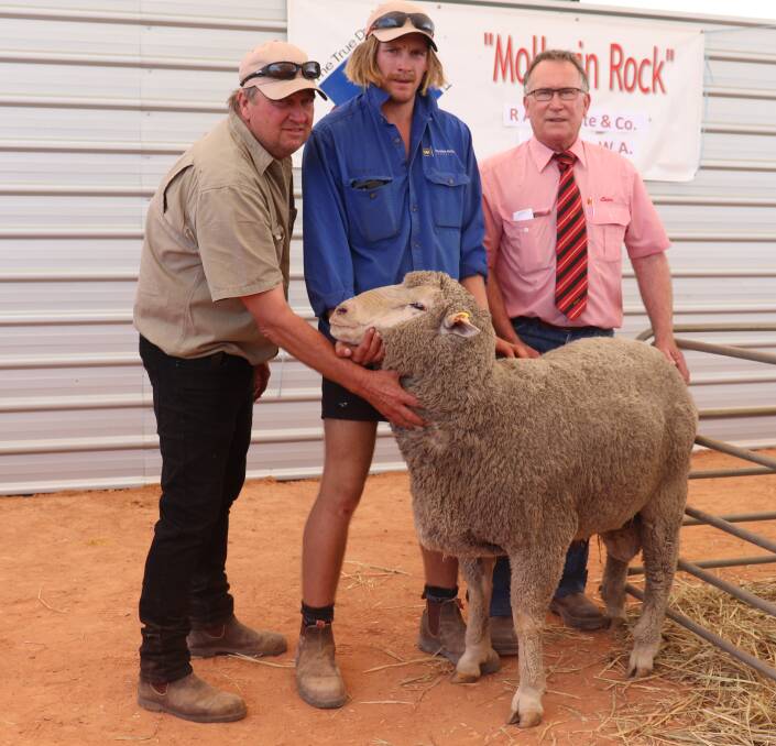 Mollerin Rock Dohnes owners Anthony (left) and Mitchell Applegate with Elders Koorda agent Wayne Maher and the top-priced ram at last week's on property ram sale. The ram was purchased for $3100 by Gamble and Co, Wyalkatchem.