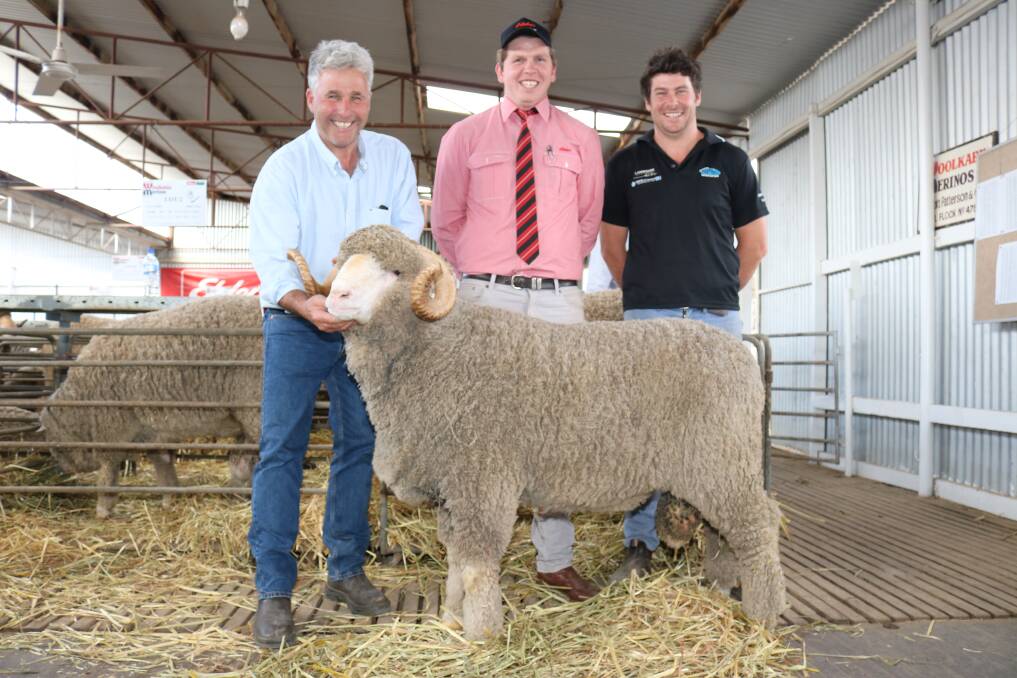 With the $8000 top-priced Merino ram sold at the Woolkabin on-property ram sale last week were Woolkabin stud co-principal Eric Patterson (left), Elders stud stock trainee Callum O'Neill, representing Elders stud stock representative and classer Kevin Broad, with buyer Glenn Smith, Wongamine Grazing Co, Northam.