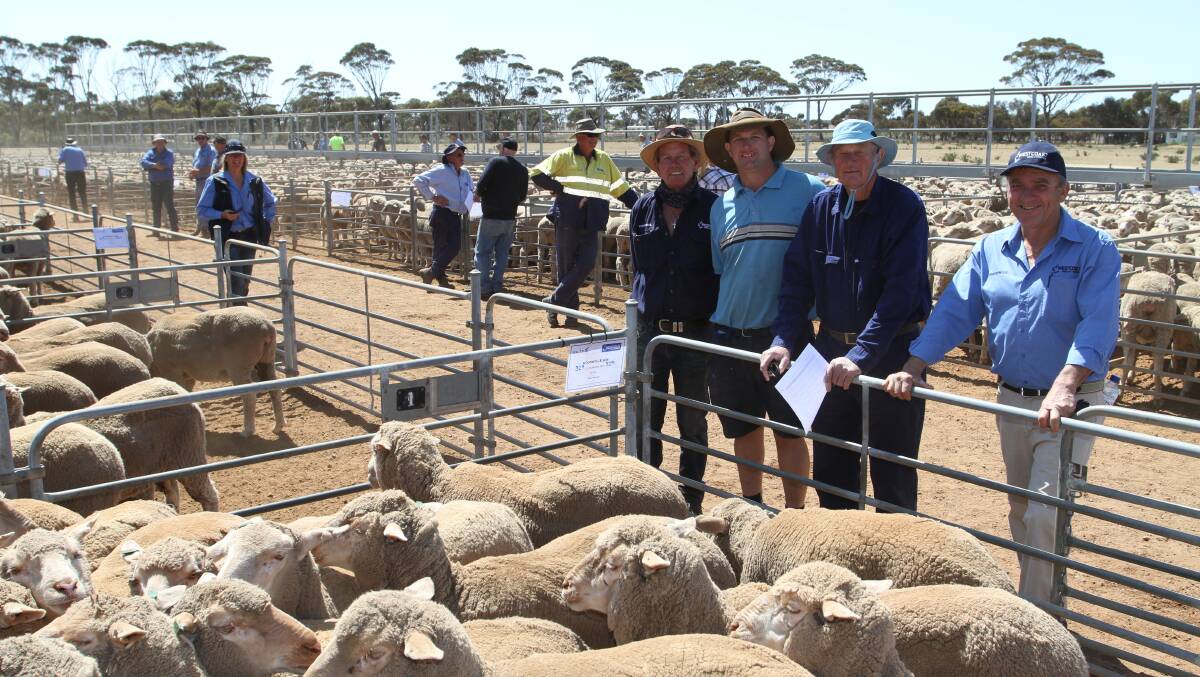 With the $220 top-priced line of 1.5-year-old ewes at the Westcoast Wool & Livestock 'Back To The Wheatbelt' sheep sale at Kondinin last week were Barry Gangell (left), Westcoast Wool & Livestock, Kulin, vendors Winston and Ron Dunwell, R Dunwell & Son, Yealering and Westcoast Wool & Livestock auctioneer Chris Hartley. The 329 July shorn Ronern blood ewes were purchased by Mr Gangell for a buyer from Deniliquin, New South Wales.