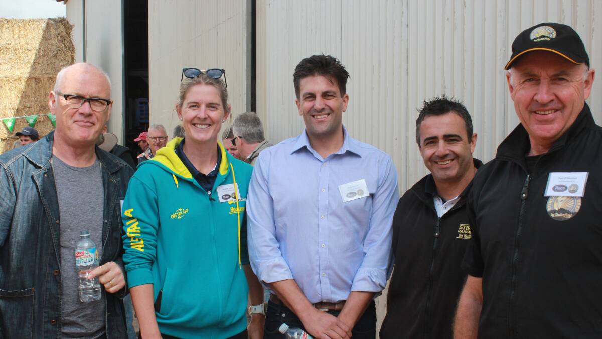 Jeff Champtaloup (left), Braincells, with some of the speakers on the day including Hockeyroo Racheal Lynch, The British Sausage Company managing director Mark Rintoul, The Meat Specialist Rafael Ramirez and field day host and Borden lotfeeder Paul O'Meehan.