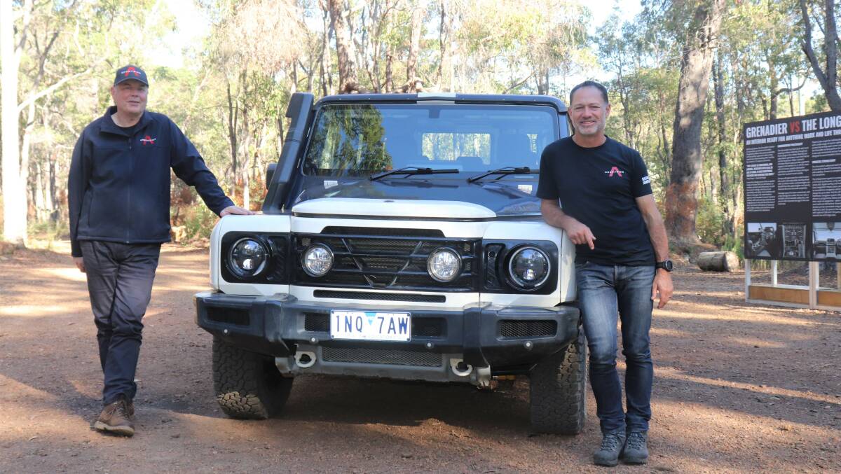 INEOS Automotive senior aftersales manager Australia and New Zealand, Glenn Boyd (left) and head of Asia-Pacific region, Justin Hocevar with the Grenadier prototype at a ride day at Logue Brook Dam. The bonnet remained firmly closed while Farm Weekly's camera was around, but a three-litre, six-cylinder, 24-valve twin-overhead-camshaft BMW twin-turbo diesel engine reportedly lurks under there.