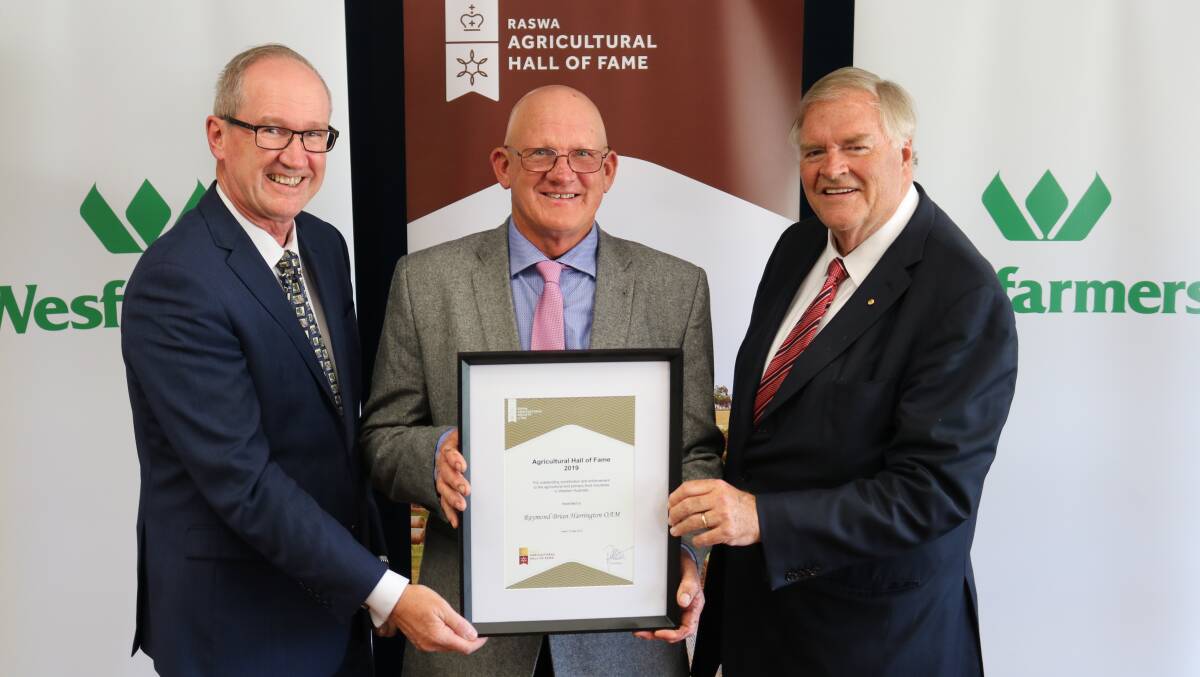 RASWA president Paul Carter (left) with Ray Harrington OAM, Darkan, who was inducted into the RASWA Agricultural Hall of Fame on Tuesday and the Governor of Western Australia, Kim Beazley AC.