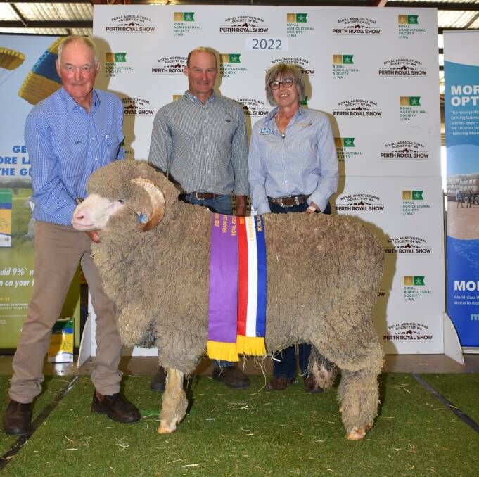 The grand champion August shorn and champion superfine Merino ram was exhibited by the Tilba Tilba stud, Williams. With the ram were stud principals Stuart (left) and Andrew Rintoul and Allflex/Coopers WA representative Sussan Ogle, who sashed the ram as the sponsor.