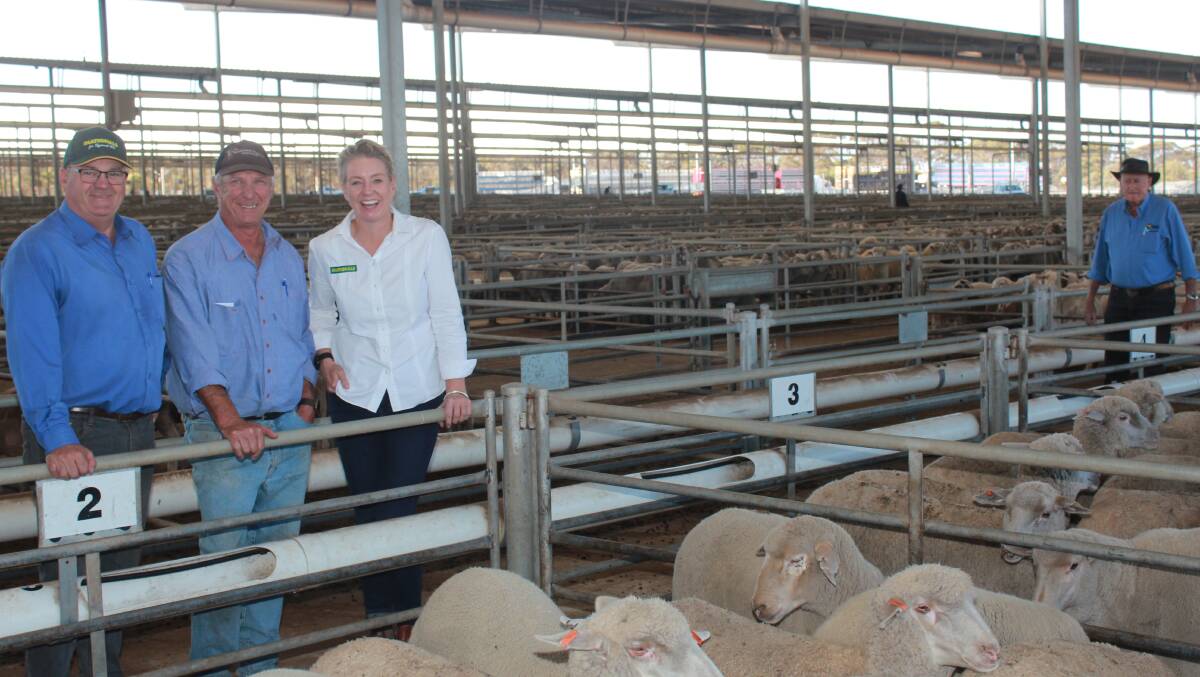 New Federal Agriculture Minister Bridget McKenzie pictured at the Katanning saleyards during a visit to WA prior to the election with the then The Nationals candidate for O'Connor John Hassell (left) and Katanning saleyards manager Rod Bushell.