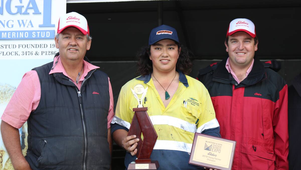 Elders Mingenew livestock agent Ross Tyndale-Powell (left) and branch manager Jarrad Kupsch (right) with the McIntosh & Son Mingenew Midwest Expo 2019 Young Farmer champion Jack Chanpromarat, WA College of Agriculture, Morawa.