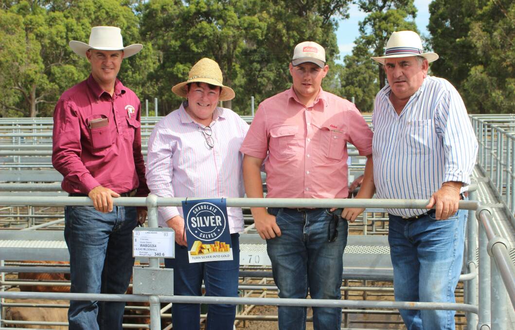 Brighton Farms Pty Ltd, Elgin, won the champion Charolais Silver Calf Competition in the Elders fixtures at last week's WALSA weaner sale in Boyanup. Judge and Livestock Shipping Services purchaser Dean Ryan (left), Bullsbrook, is with vendor Rose King, Brighton Farms Pty Ltd, Elders Donnybrook representative Pearce Watling and WA Charolais Society member and Charolais Silver Calf Competition co-ordinator Andrew Cunningham, Elgin.