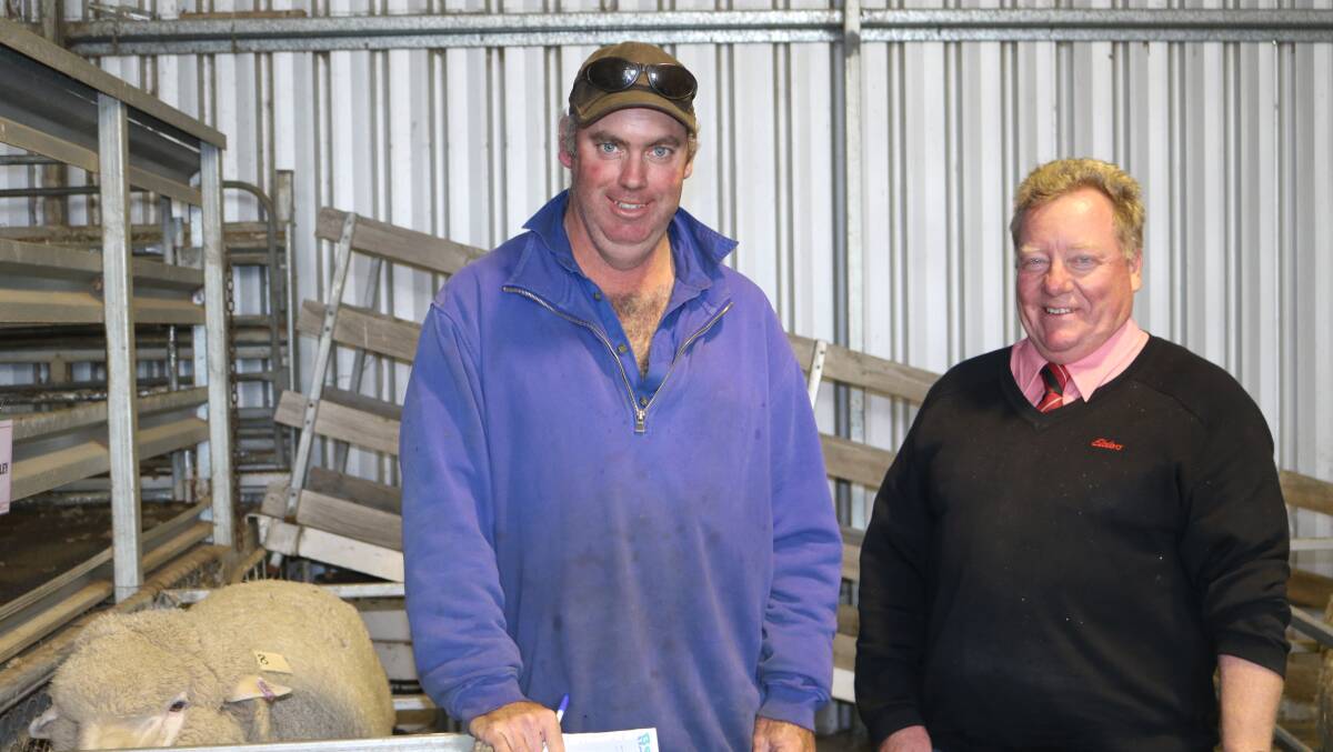 New Belka Valley client Ian Wilkie, (left), IM Wilkie & Son, Williams, checks over this year's offering with Elders wool sales manager Tim Burgess. Mr Wilkie recently purchased a farm at Muntadgin and bought six rams to be used over 600 Merino ewes at the new property, to increase his sheep numbers.