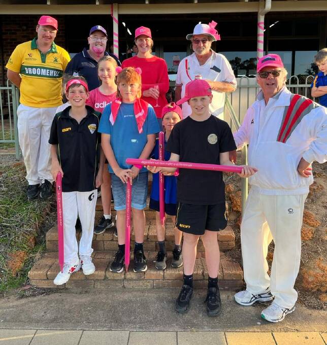 All in for pink stumps day were Broomehill cricketer Ethan Caldwell (left rear), tennis coach Justin McGuire, junior cricket mum Connie Witham, Broomehill bowler Dennis Ballarino, Broomehill under 13 cricketer Tom Dennis (front left), Broomehill junior tennis players Finlay Anderson, Henry Witham and Theo Bignell, cricketer Rhys Holzknecht and Broomehill Bowling Clubs Andy Webster.