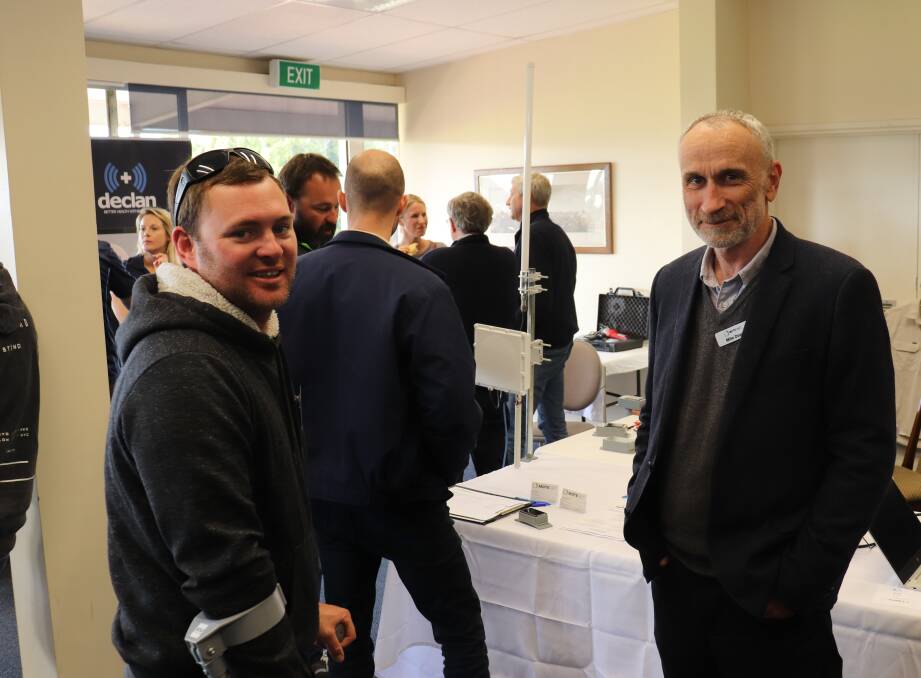 Jye Duggan (left), Needilup, was interested in finding out more information on remote sensors from Mote Net director Mike Dean.
