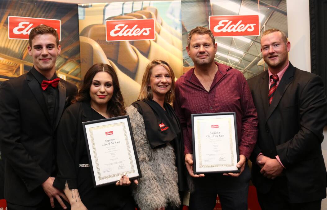  The Supreme Clip of the Sale award for sale F13 was won by the Butler family, Bruce Rock. Celebrating the win were Ethan Harder (left), Bruce Rock, the clip's classer Regina Jones, Bruce Rock, Tanya and Dean Butler and Elders territory sales manager James King.