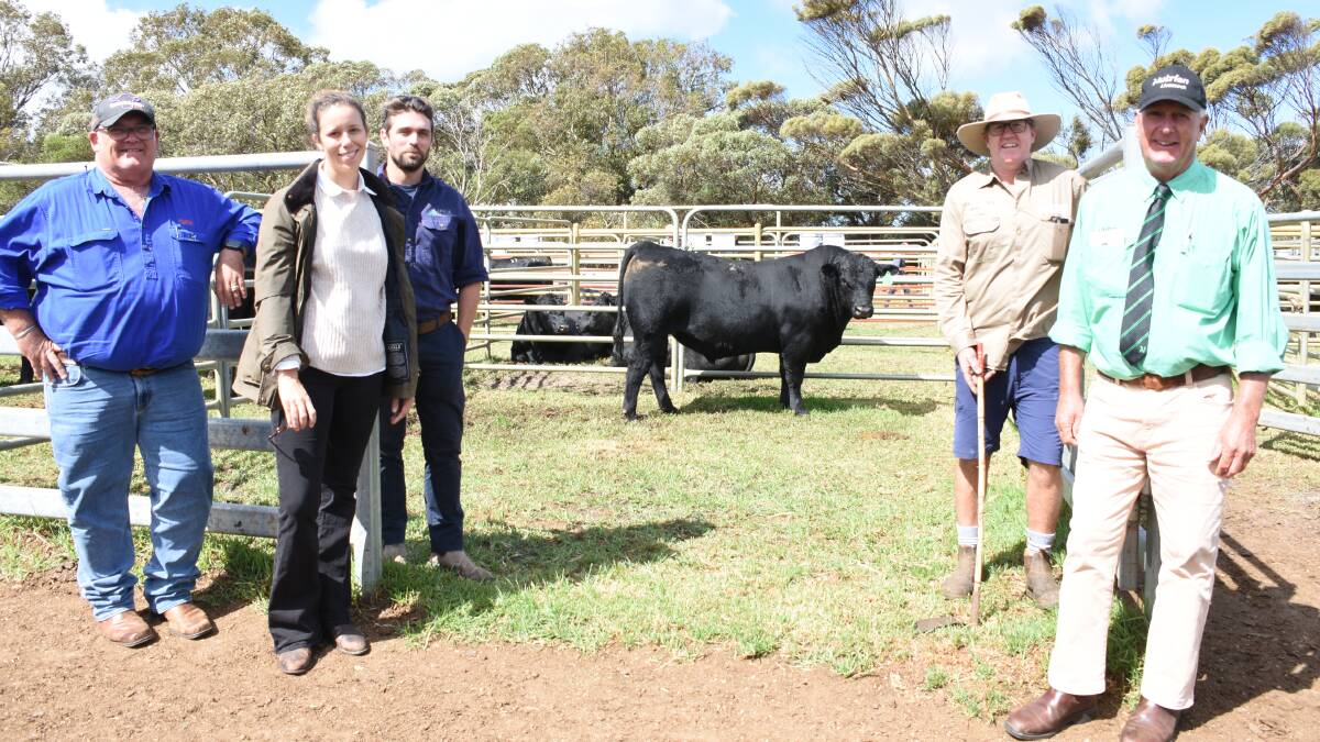 With the second Coonamble Angus bull to sell for $32,000, Coonamble Goalkeeper T675 (ET) (by Baldridge SR Goalkeeper) purchased by Arkle Angus, Munglinup, were top price sponsor Ben Fletcher (left), Zoetis, buyers Siobhan Cowan and William Solway, Arkle Angus, Coonamble co-principal Craig Davis and Nutrien Livestock, Great Southern manager Bob Pumphrey.