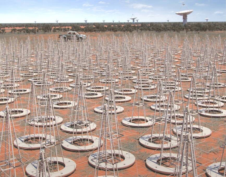 An artists impression showing a close-up of the SKA's low frequency aperture arrays and ASKAP dishes in Australia (bottom left in main photo). Photo by SKA Organisation.