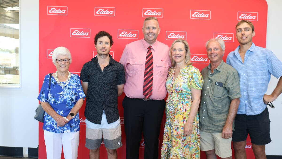 Three generations of the Stacey family from Quairading Shirley (left), Alex, Mary, Grant and Jacob were at the opening and caught up with Elders Avon district wool manager Grant Campbell.