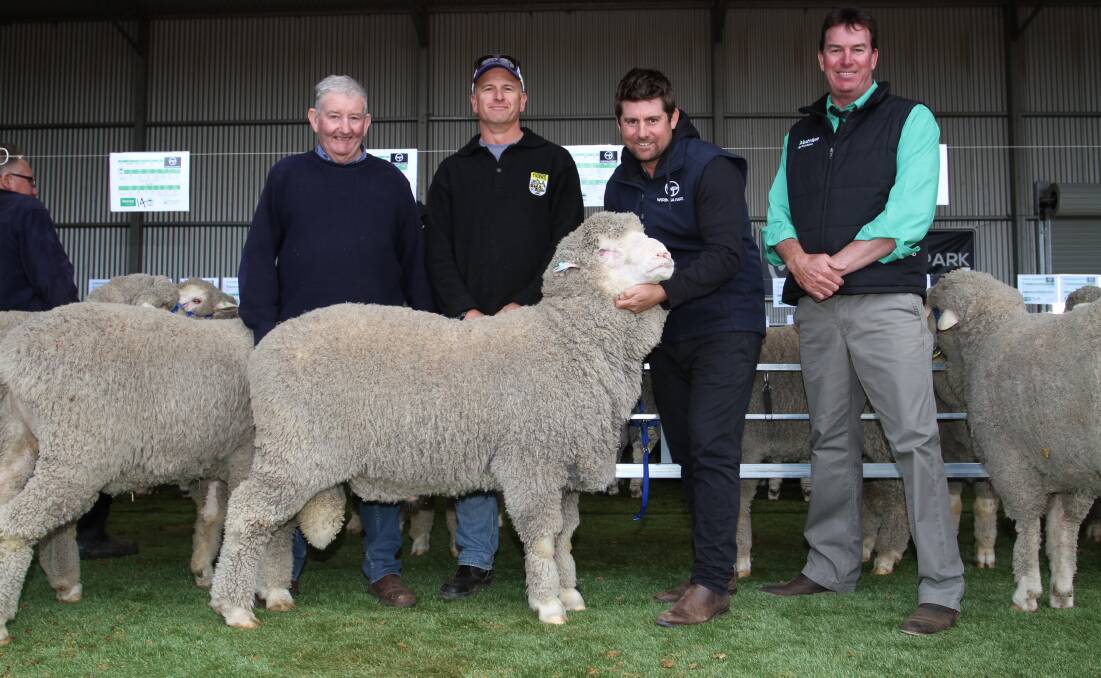 With the $7500 top-priced ram at the annual Wiringa Park on-property ram sale at Nyabing last week were Wiringa Park stud classer Philip Russell (left), buyer Richard Norrish, BJ & R Norrish, Ravensthorpe, Wiringa Park stud co-principal Allan Hobley and sale auctioneer and the Hobley family's livestock agent Mark Warren, Nutrien Livestock Katanning.