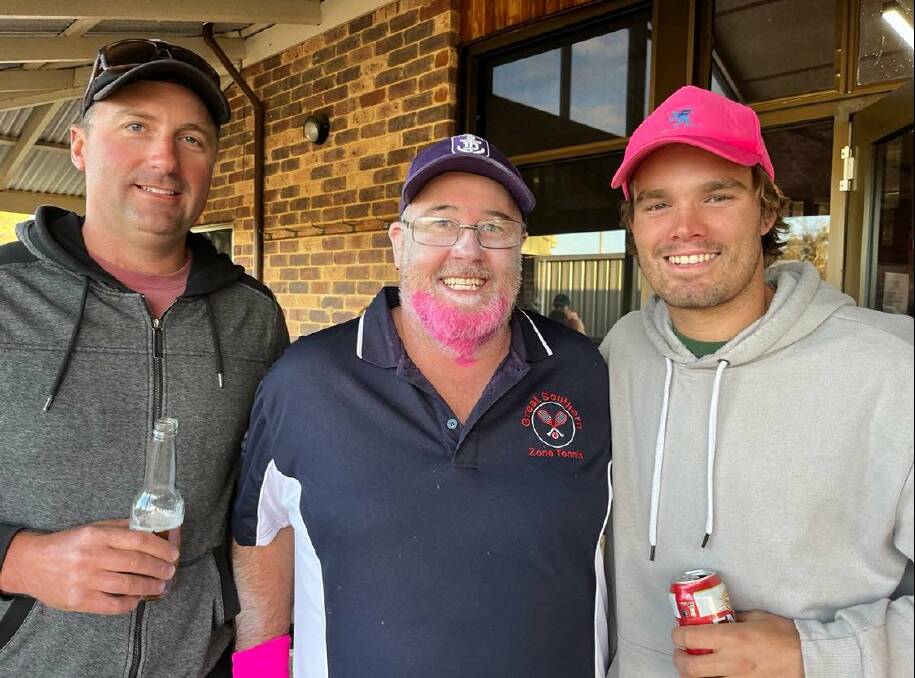 Enjoying a McGrath Burger were Ed Anderson (left), Broomehill, with tennis coach Justin McGuire and Ted Batchelor, Broomehill.