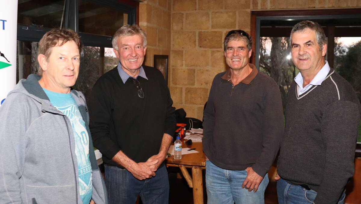 Norm Handasyde (left), Denbarker, sheep consultant Geoff Duddy, David Brown, Woogenellup and David Slade, Kendenup, caught up at the Stirlings to Coast Farmers Group Smart Farm Technology workshop last week.