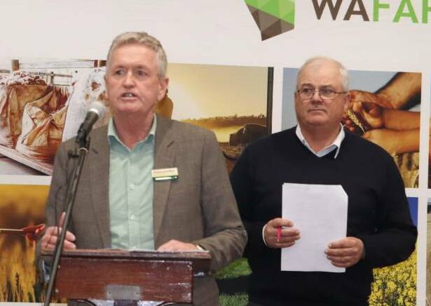 The Nationals WA leader Shane Love (left), with WAFarmers president John Hassell at the Let Farmers Keep Farming meeting in Katanning recently. Photo by Bree Swift.