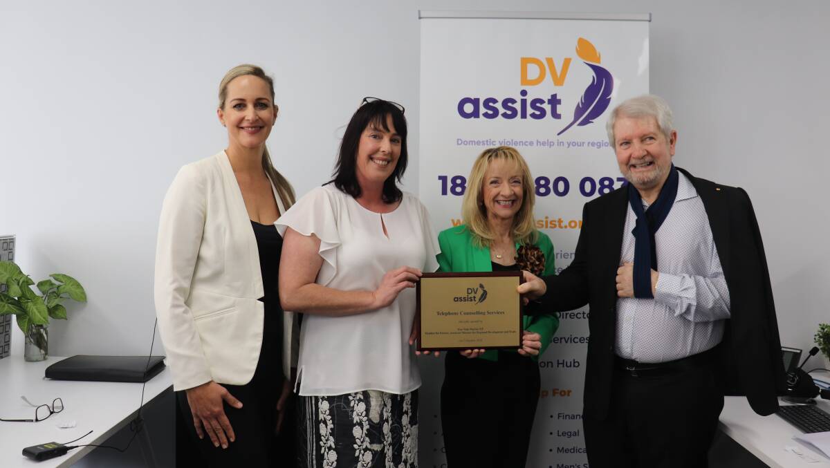 DVassist executive officer Esther S (left), founder Fleur McDonald, Federal MP for Forrest Nola Marino and chairman Peter Fitzpatrick at the launch of the support service for regional, rural and remote people impacted by domestic and family violence. Note: Surnames of DVassist staff are not publicly disclosed for safety purposes.