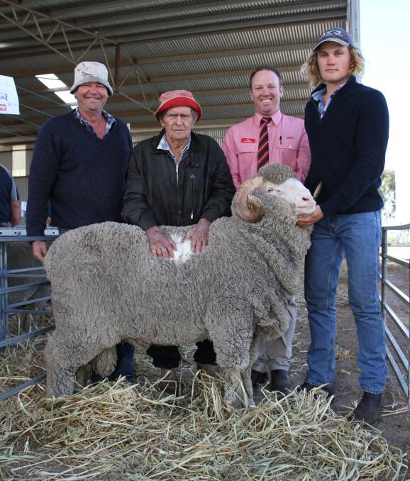 With the $4400 top-priced Merino ram at the Angenup sale purchased by TG Marshall, Cranbrook, were Geoff Page (left) and Tom Marshall, TG Marshall, Elders Kojonup branch manager Cameron Grace and Angenup stud connection Lachy Norrish.