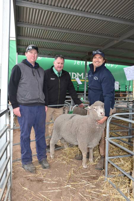 With the $4700 top-priced South African originated dual purpose ram for this year's ram selling season sold at the annual Kintail Park Dohne on-property ram sale at Jerramungup were buyer Justin Edwards (left), Ravensthorpe, Nutrien Livestock auctioneer Mark Bradbury and Kintail Park stud principal Rhys Parsons