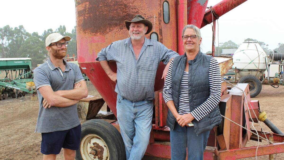 Local farmers came out to inspect the machinery, including Anthony Boughton (left) and Tim and Lynley Mitchell.
